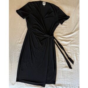 Anne Klein Black Short Sleeve Faux Wrap Tie Waist Dress Size 2 V-Neck Jersey